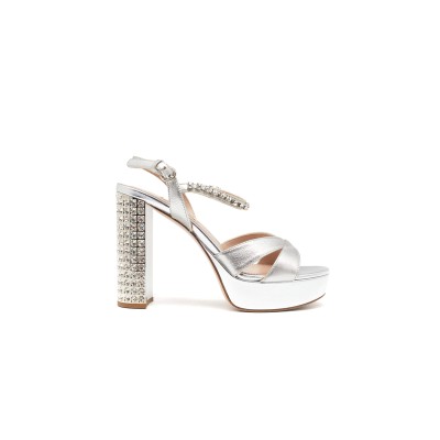 MIU MIU SILVER LEATHER CRYSTAL EMBELLISHED ANKLE STRAP PLATFORM SANDALS  MIU MIU SILVER LEATHER CRYSTAL EMBELLISHED ANKLE STRAP PLATFORM SANDALS
